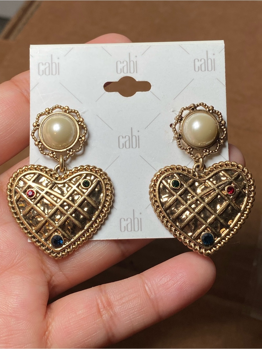 CAbi Pearl & Jeweled Heart Drop Earrings